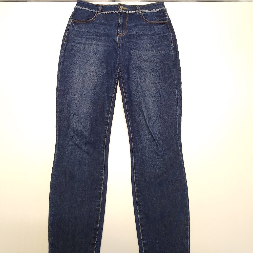 Maurices DenimFlex M Long High Rise Dark Fray Waist Jegging Sandblasted Wash EUC